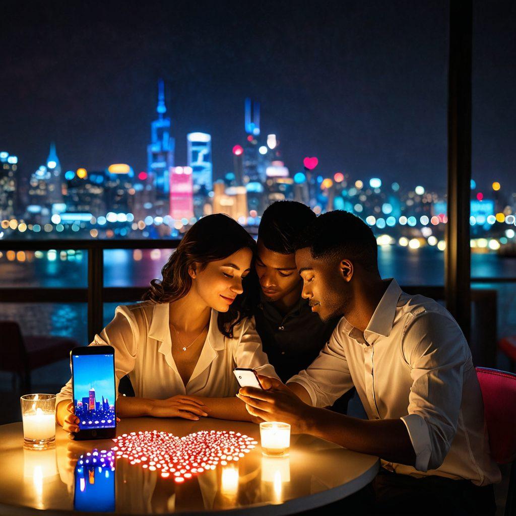 A couple sitting at a candlelit table, both using smartphones displaying bidding apps, surrounded by hearts made of glowing digital pixels. The ambiance is warm and romantic, with a city skyline in the background. The colors are vibrant, showcasing a mix of technology and love. Illustrate a fusion of romance and digital age aesthetics. super-realistic. vibrant colors. soft focus.