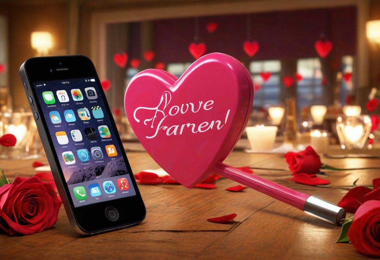 A collage of digital love auction elements, featuring heart-shaped bid paddles, glowing smartphone screens displaying romantic messages, couples alluringly interacting in the background, and vibrant love-themed icons like Cupid and roses. The atmosphere should convey excitement and affection in a futuristic urban setting. super-realistic. vibrant colors. 3D.