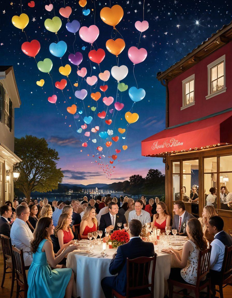 A whimsical scene depicting a romantic auction setting, where couples are playfully engaged in bidding for items representing love, like heart-shaped gifts and personalized surprises. The atmosphere is filled with vibrant colors, warm lighting, and hearts sprinkled around, creating an enchanting vibe. Include elements of clever strategy, like thought bubbles with playful tactics and romantic symbols. The background should feature a dreamy landscape with soft clouds and a starry sky. super-realistic. vibrant colors.